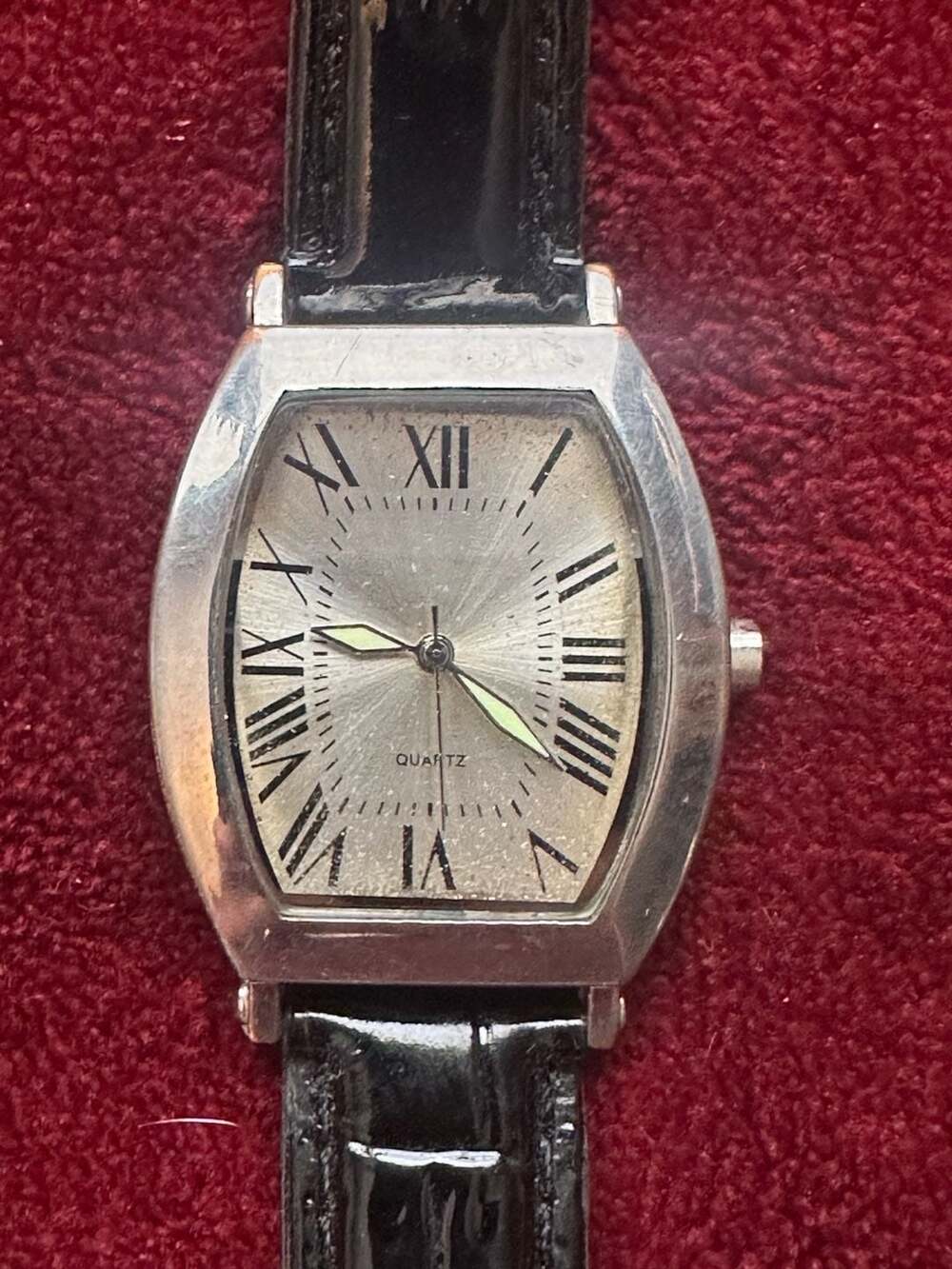 SKC Tonneau Case Quartz Watch with Roman Numerals and Black Faux Leather Strap